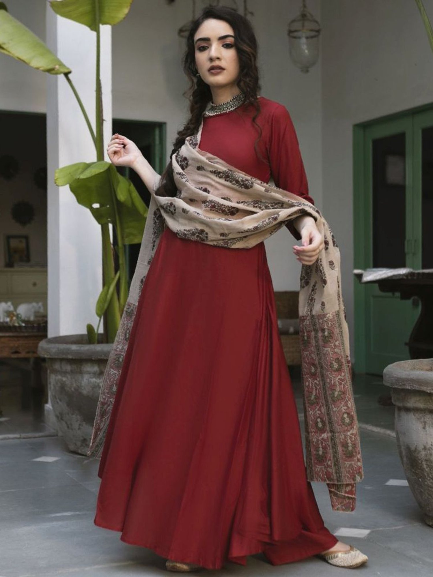 Rustorange Maroon Flared Kurta & Palazzo Set with Dupatta