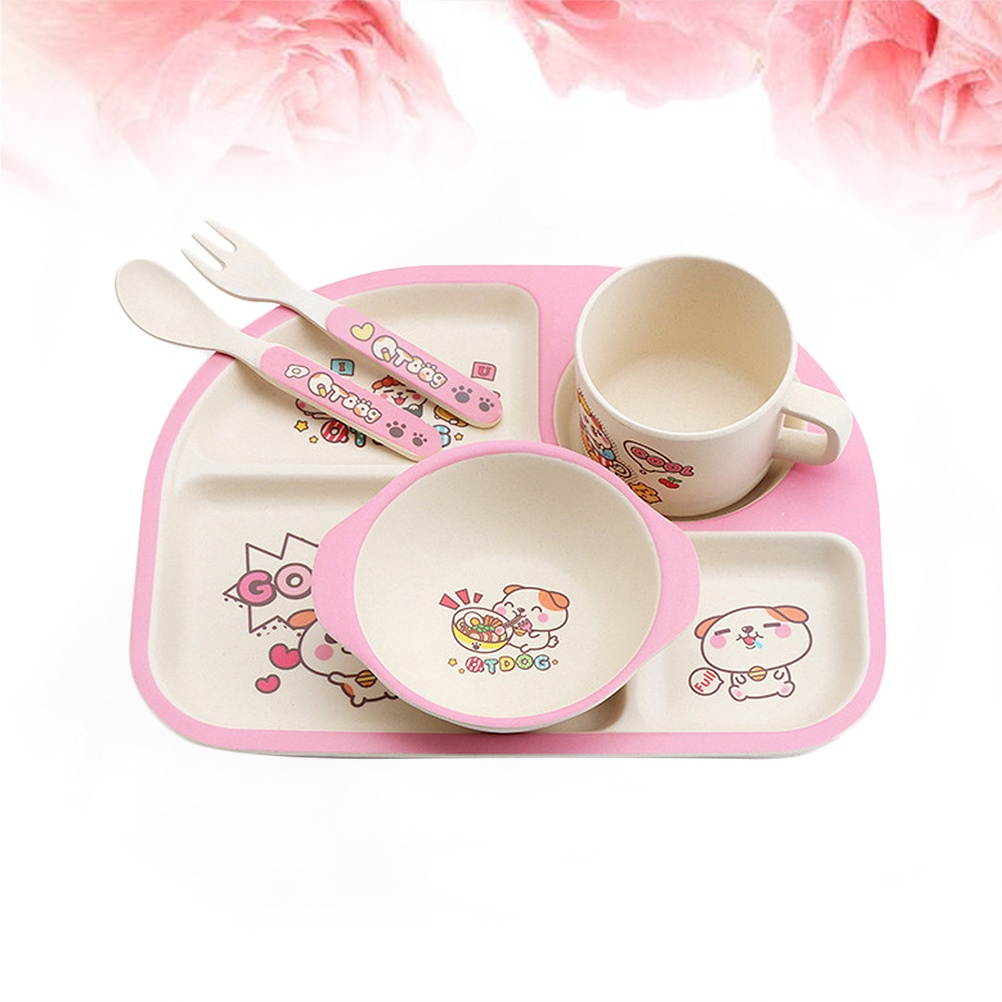1 Set/5PCS Creative Bamboo Fiber Bowl Exquisite Dinner Tray Drop-Proof Dish Baby Separate Plate Cutlery Set for Babies Children (Pink)