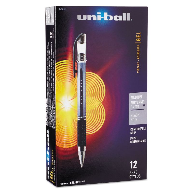 uni-ball Signo GRIP Stick Gel Pen, 0.7mm, Black Ink, Silver/Black Barrel, Dozen 65450