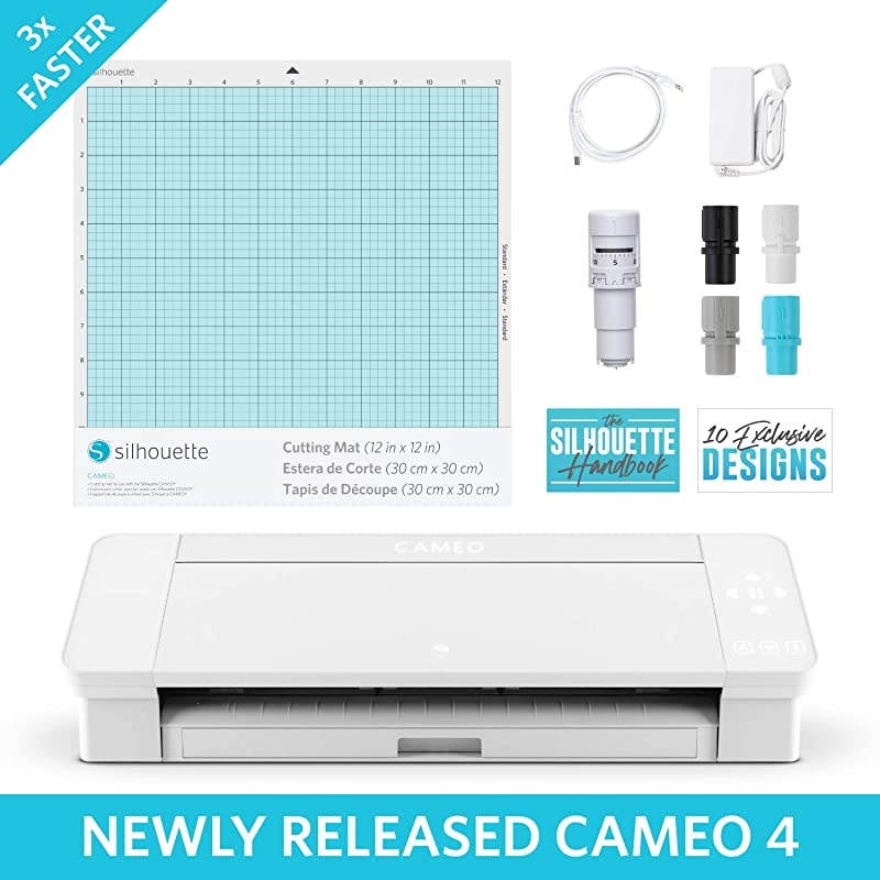Cameo 4 with Bluetooth 12x12 Cutting Mat Autoblade 2 100 Designs and Studio Software White Edition