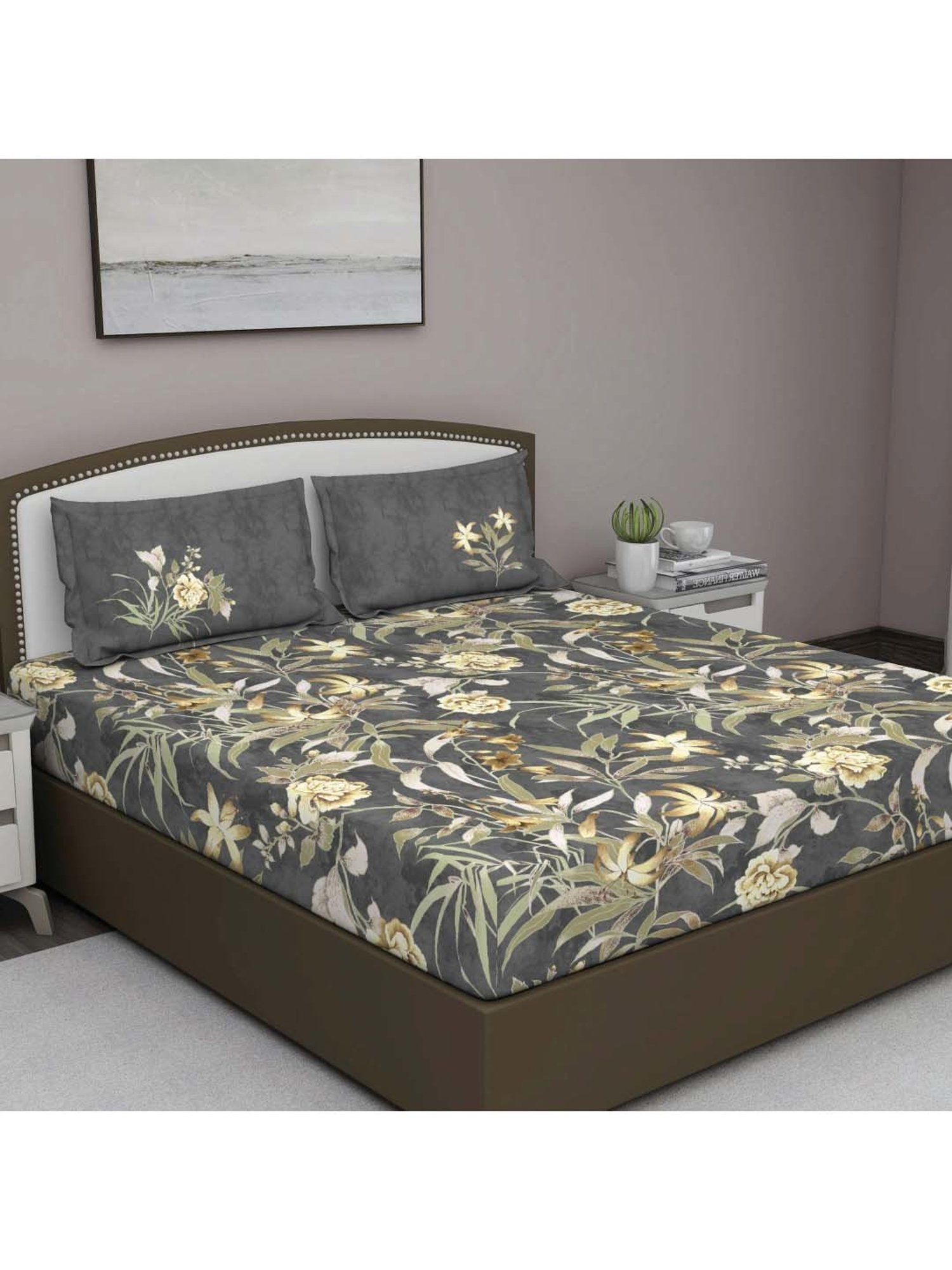 GM 'Serene' Grey & Yellow Cotton 210 TC Double Bedsheet with 2 Pillow Covers