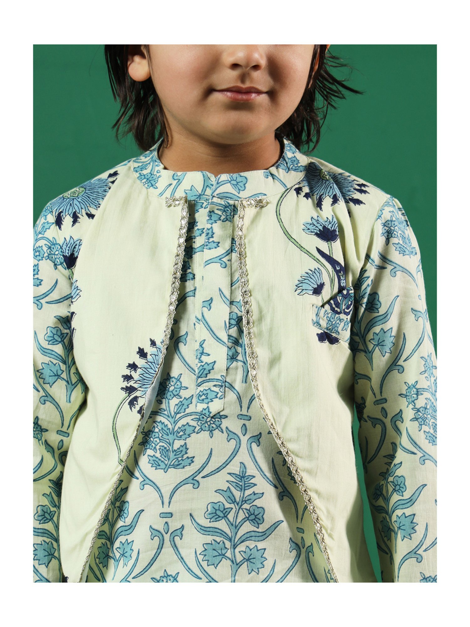 READIPRINT FASHIONS Kids Light Green & White Printed Full Sleeves Jacket Style Kurta with Pyjamas