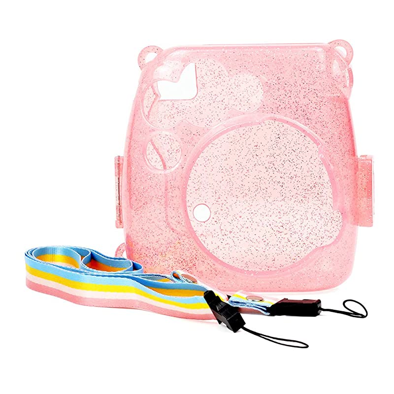 Crystal Camera Case w Adjustable Rainbow Shoulder Strap Compatible For Fugifilm Instax Mini 8Mini 8+Mini 9 Instant Camera Pink Crystal