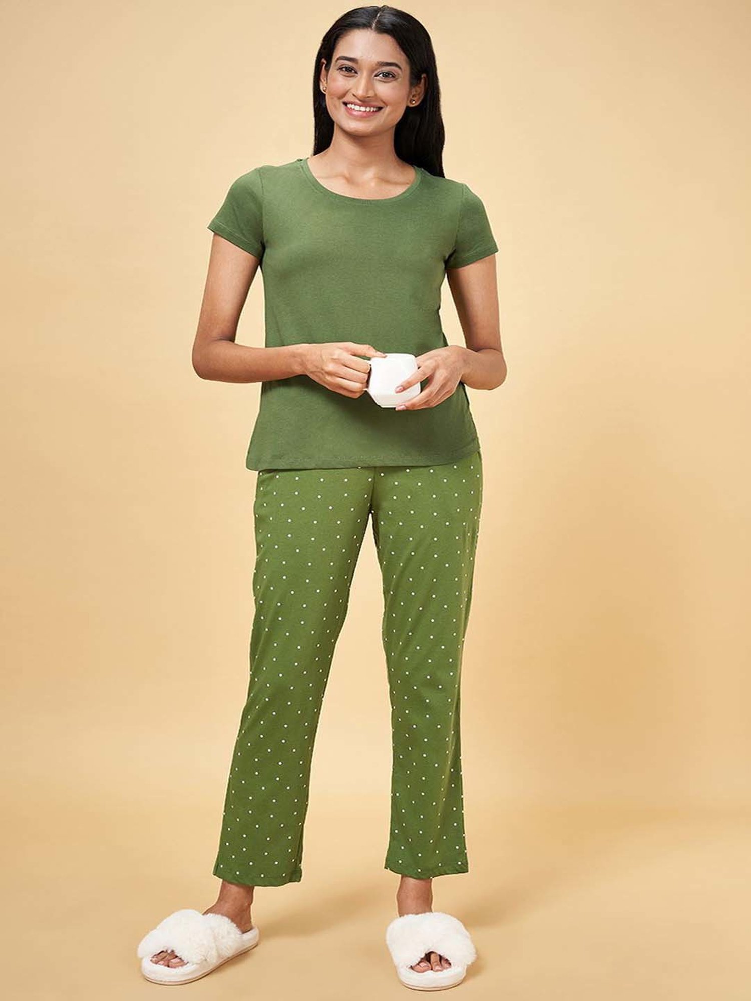 Dreamz by Pantaloons Olive Green Cotton Polka Dots Pyjamas