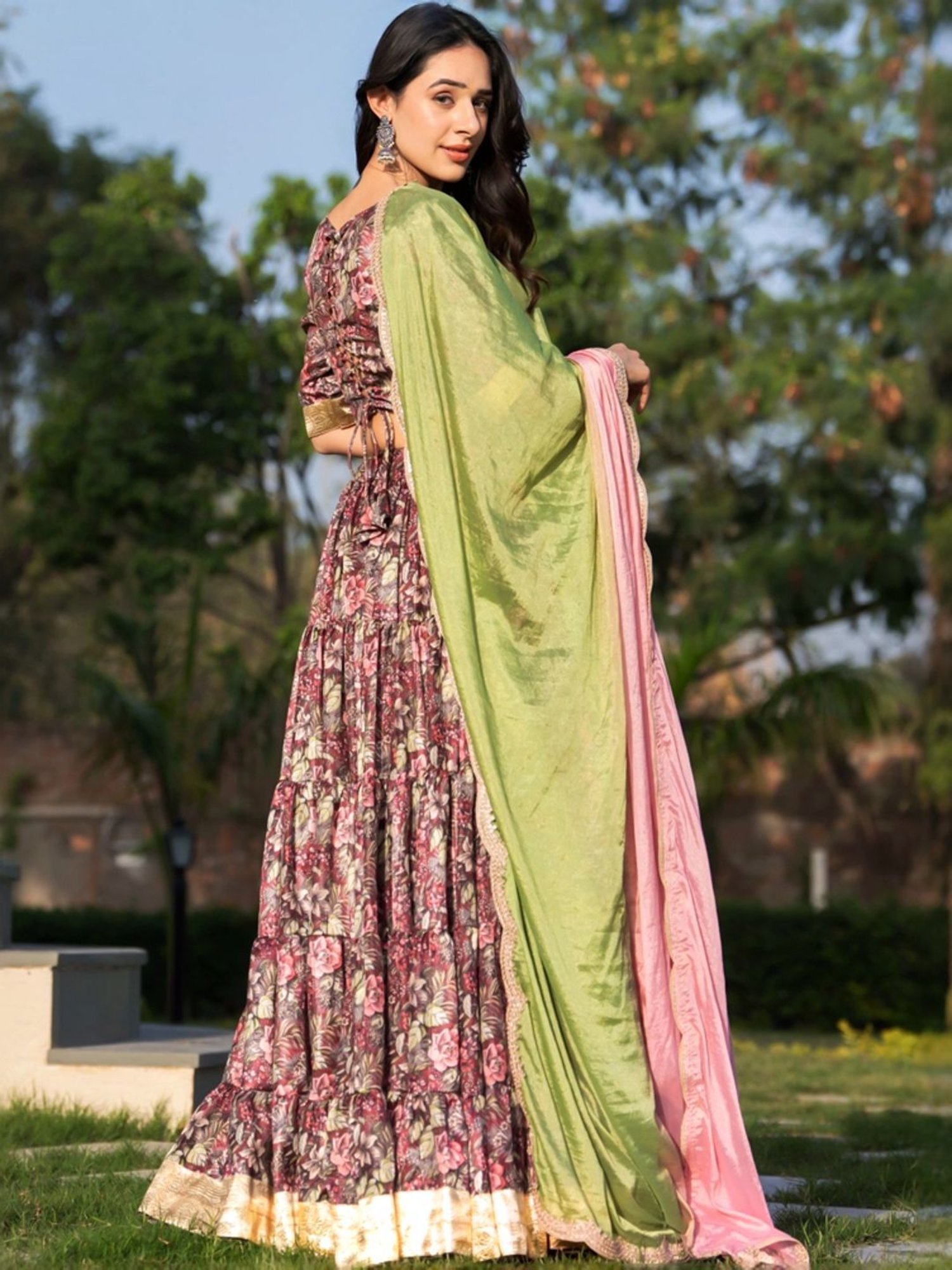 HOUSE OF JAMOTI Maroon Embellished Lehenga Choli Set With Dupatta