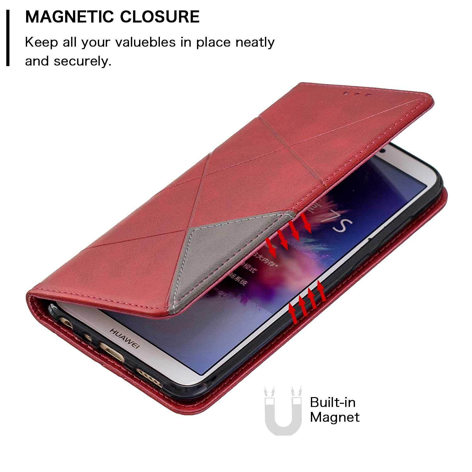The Grafu Case for Huawei Enjoy 7S / Huawei P Smart 2018, Anti Scratch PU Leather and Shockproof TPU Inner Cover, Magnetic Full Body Protective for Huawei Enjoy 7S / Huawei P Smart 2018, Red