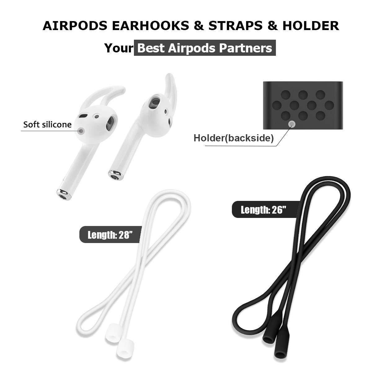 8 in 1 Airpods Accessories Set, Likday Silicone Case Cover Set for Apple Airpods with (Holder, Earhooks, Earphone Case, Strap,EVA Hard Shell Box, Carabiner) (Black Box & Black Case)