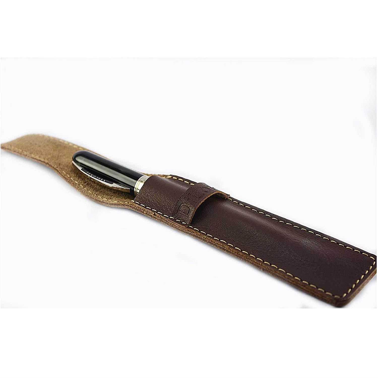 DiLoro Full Grain Top Quality Thick Genuine Single Leather Pen Case Holder Pouch (Buffalo Brown)