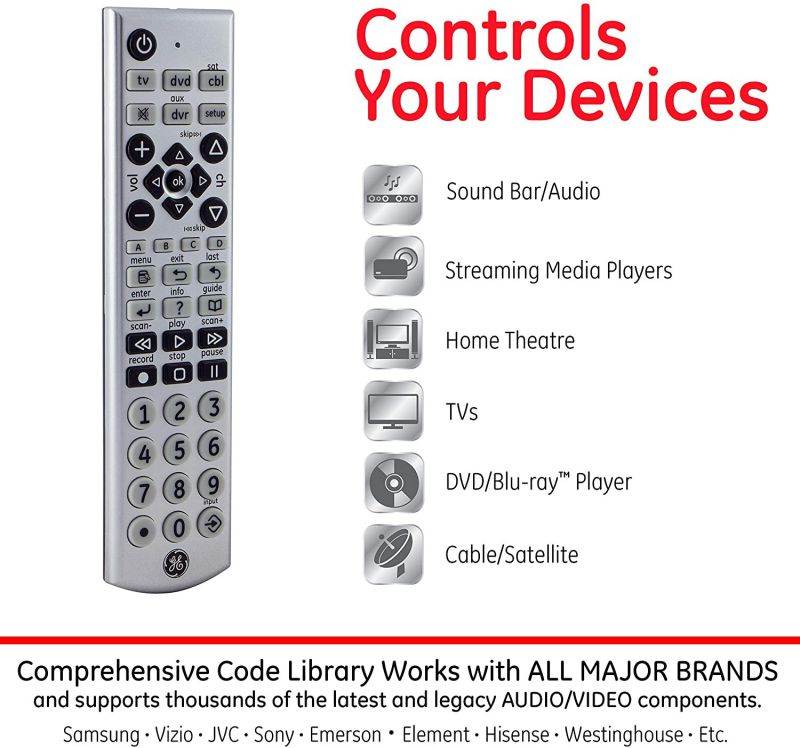 GE Big Button Universal Remote Control for Samsung, Vizio, Lg, Sony, Sharp, Roku, Apple TV, TCL, Panasonic, Smart TVs, Streaming Players, Blu-Ray, DVD, 4-Device, Silver, 34931