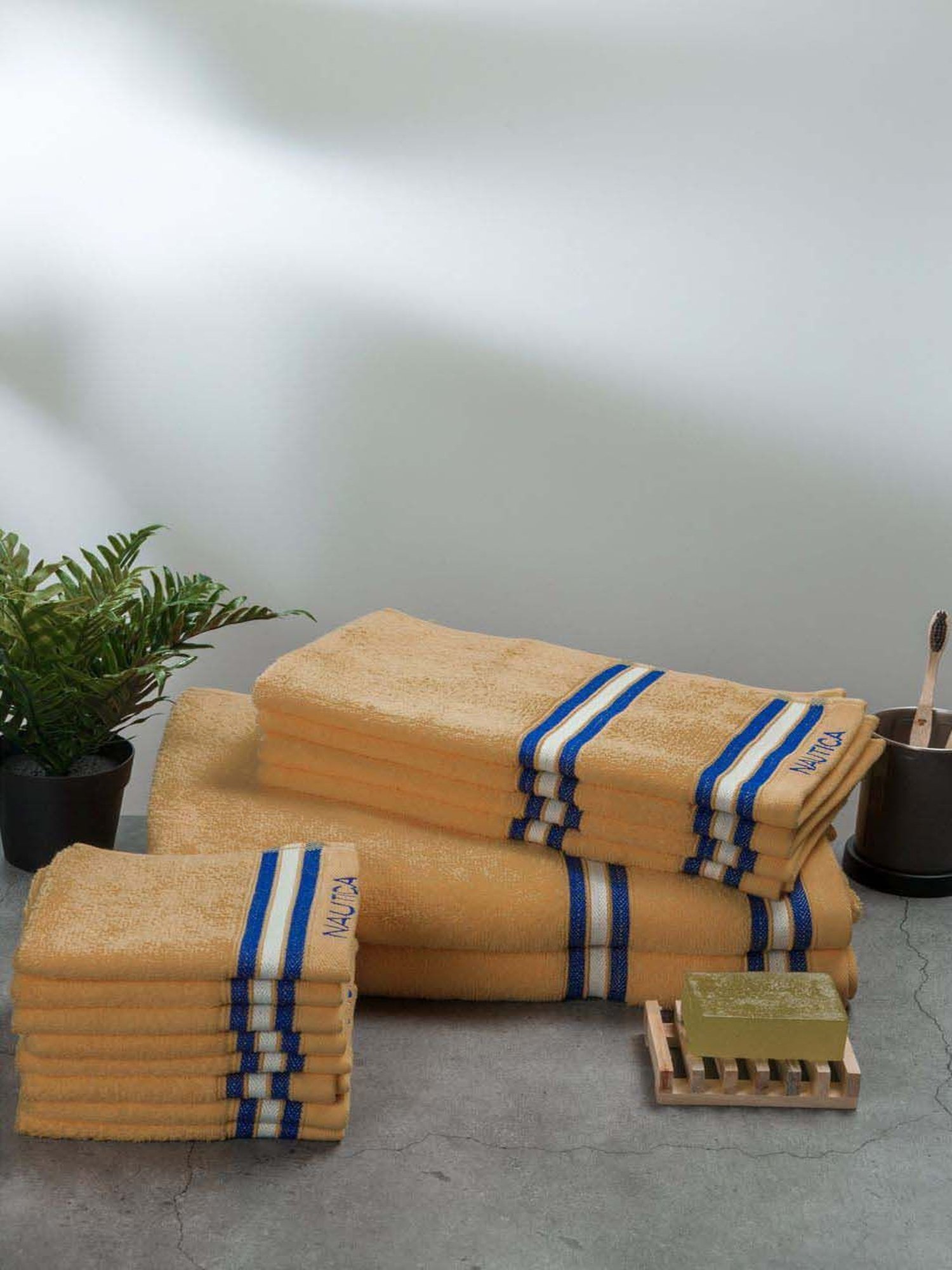 Nautica Vintage Crew Stripe Beige Cotton 500 GSM Super Soft Zero Twist Towel Set - 14 Pcs