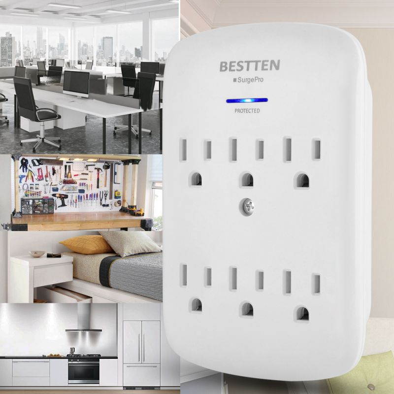 [4 Pack] BESTTEN 6-Outlet Grounded Wall Tap Adapter Outlet Extender with Blue Indicator, 300 Joule Surge Protector, ETL Certified, White
