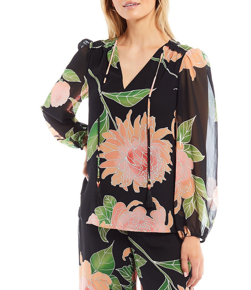 Trina Turk Watson Tassel Tie Detail V-Neck Floating Chrysanthemum Floral Print Long Sleeve Coordinating Top