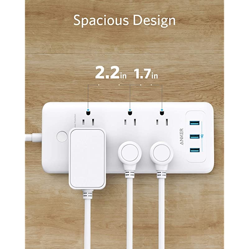 Protector Power Strip Anker 6 Outlet amp 3 PowerIQ USB Charging Ports USB Power Strip PowerPort Strip 6 with 66 Foot Long Extension Cord Flat Plug for Home Office and More 1280 Joule