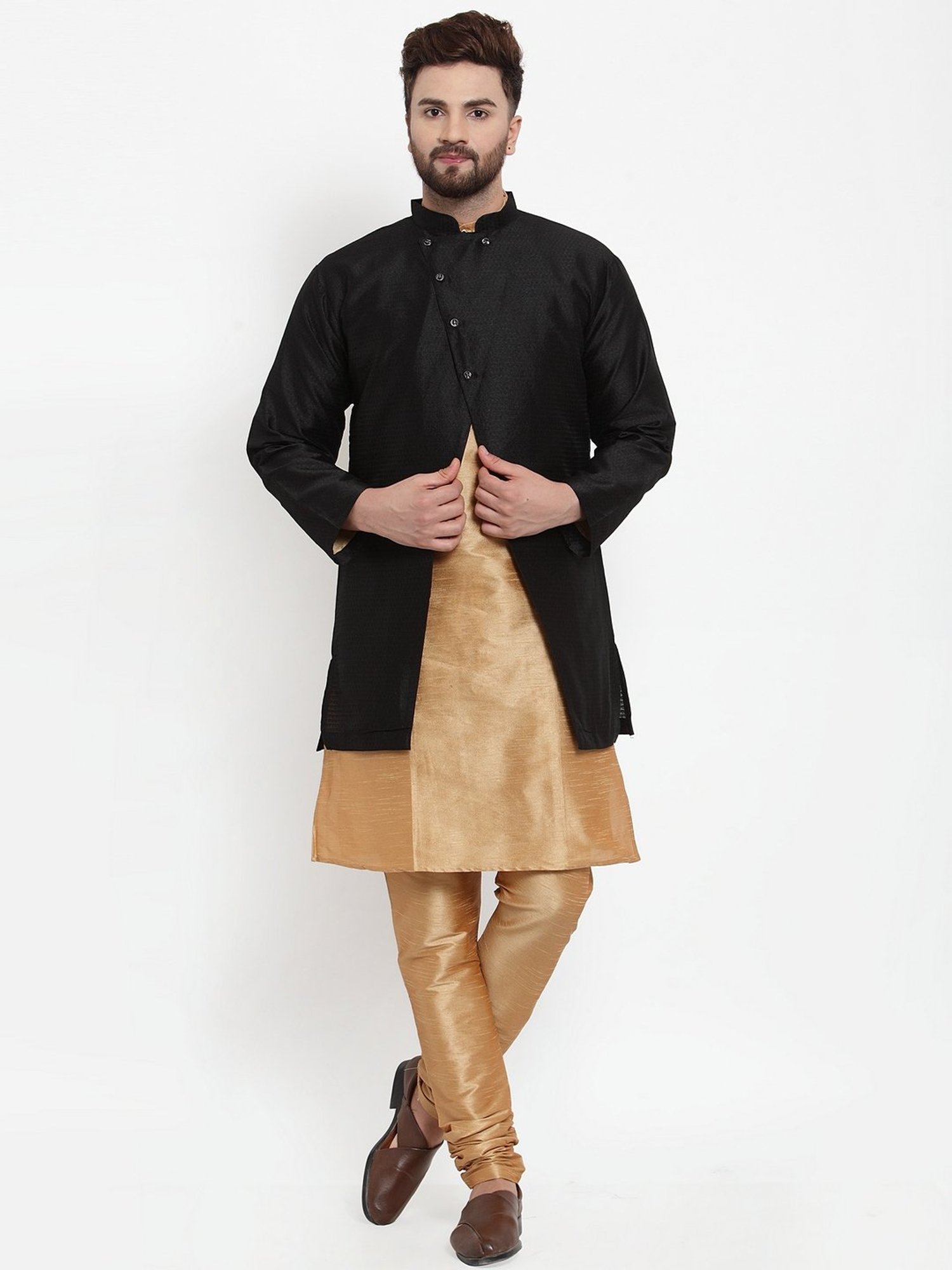 Benstoke Copper & Black Regular Fit Self Pattern Kurta Set With Jacket
