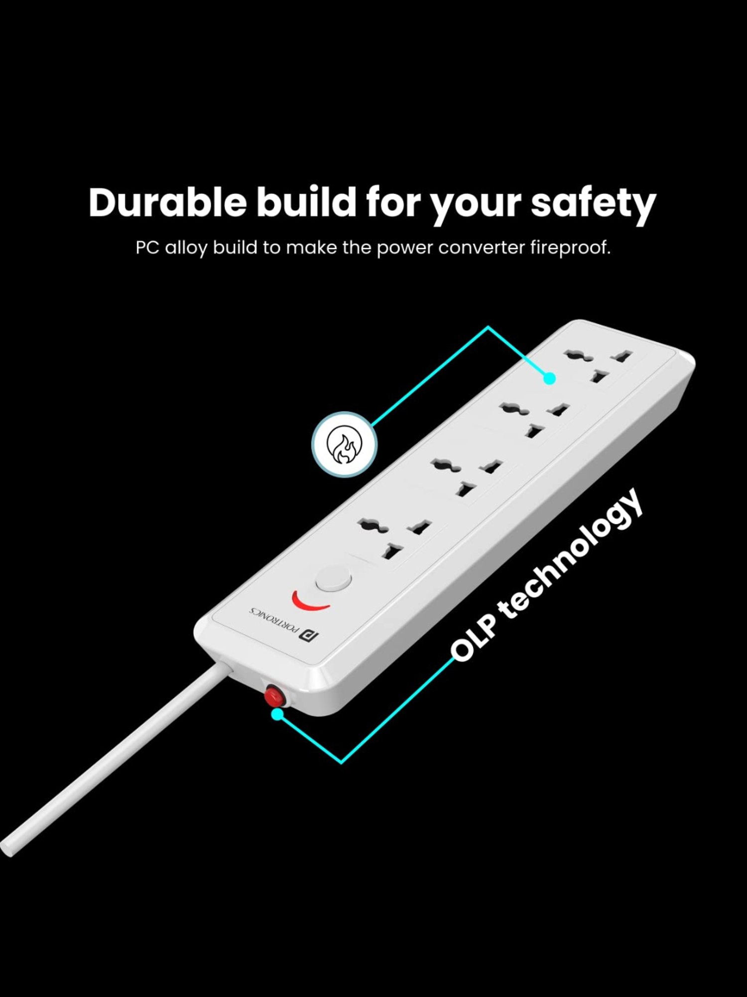 Portronics Power Plate 11 1500W Power Converter with 4 Power Sockets, 3M Cord Length (White)