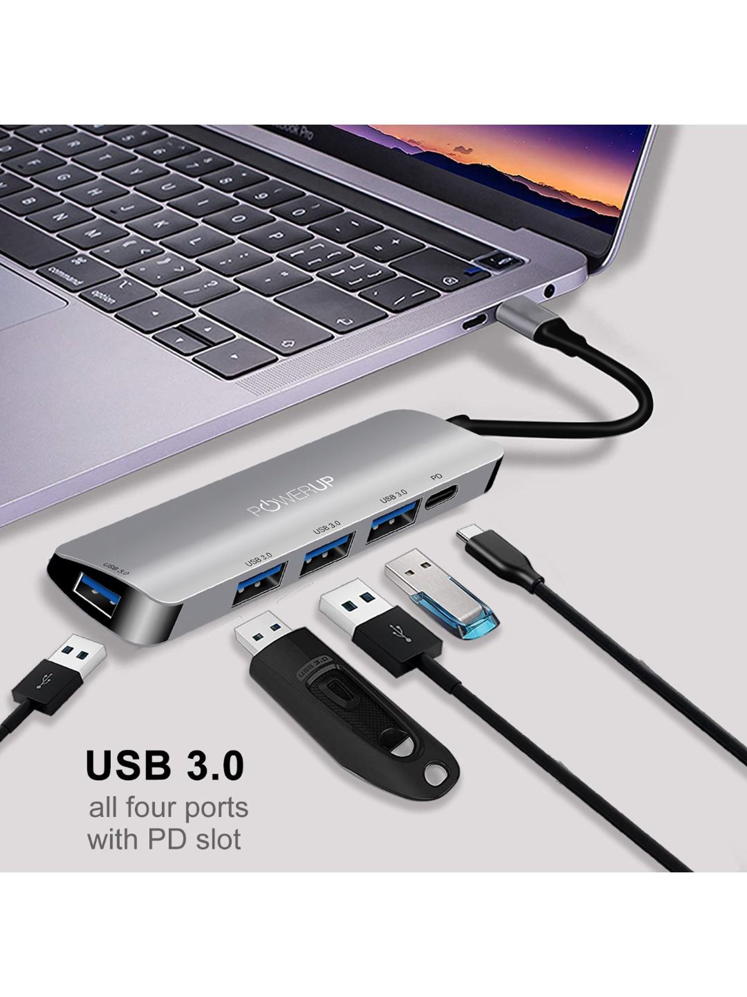 Powerup Elite Micro 5 in 1 Multi-Port Hub Adapter for MacBook Pro (Silver)
