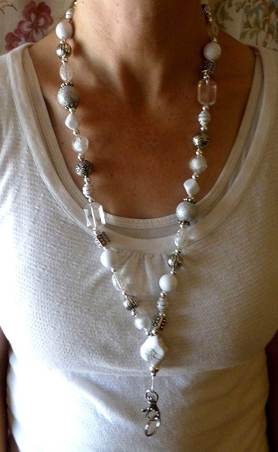 Chunky Style Fashion Women's Beaded Lanyard 34", Breakaway and Non breakaway available, For Keys, Badge Holder (Chunky White - Breakaway)