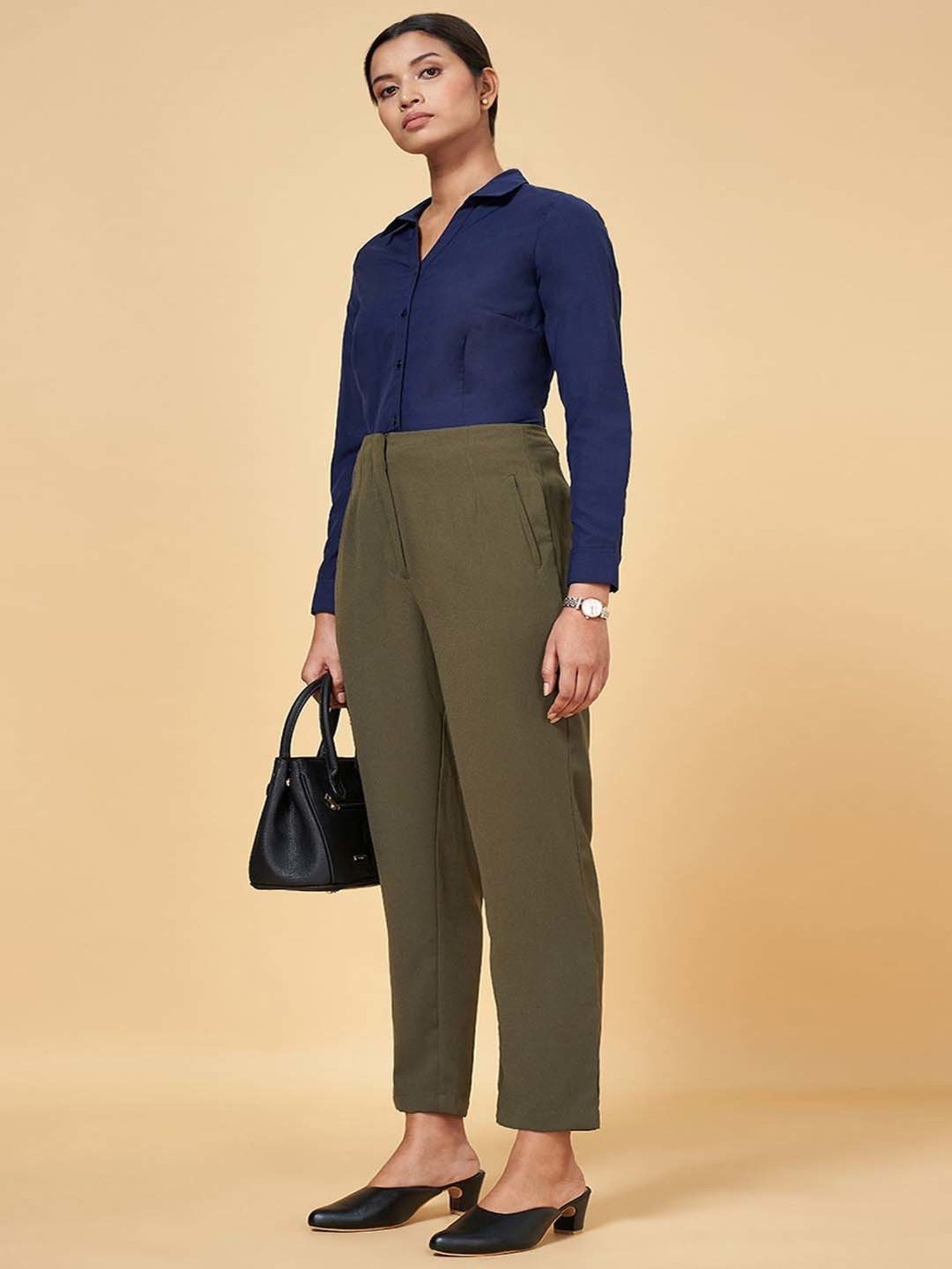 Annabelle by Pantaloons Olive Green Formal Trousers