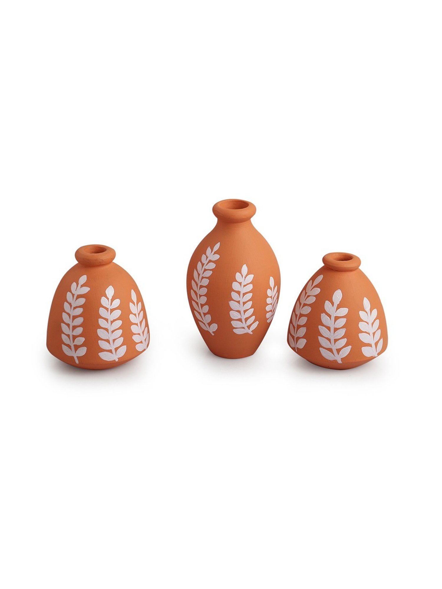 ExclusiveLane Ethnic Foliage Trio Hand-Painted Brown Terracotta Pots Showpieces - Set of 3