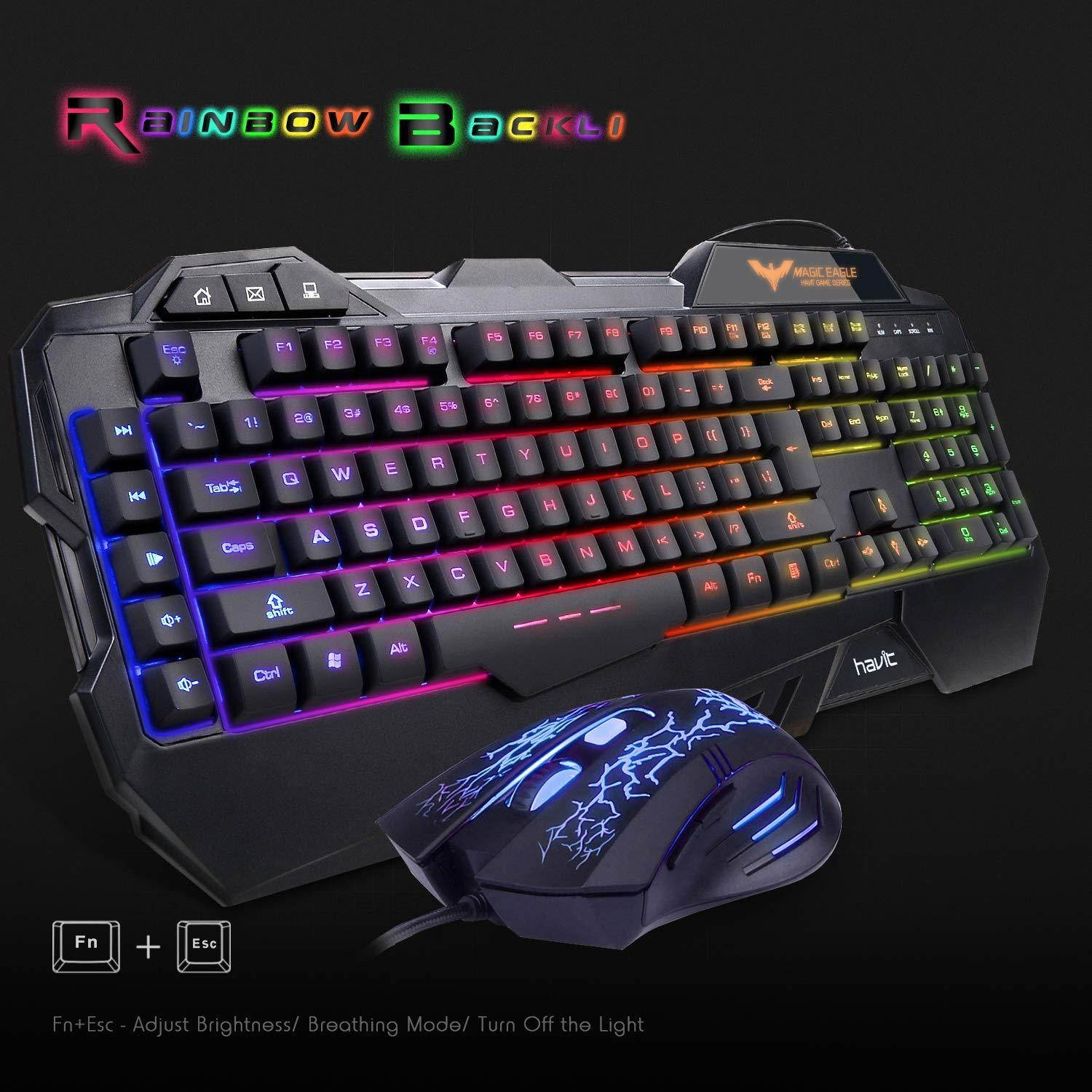 HAVIT Gaming Keyboard Mouse Headset & Mouse Pad Kit, Rainbow LED Backlit Wired, Over Ear Headphone with Mic for PC, Computer, Xbox ONE & PS4, Tablet, Mobile Phones
