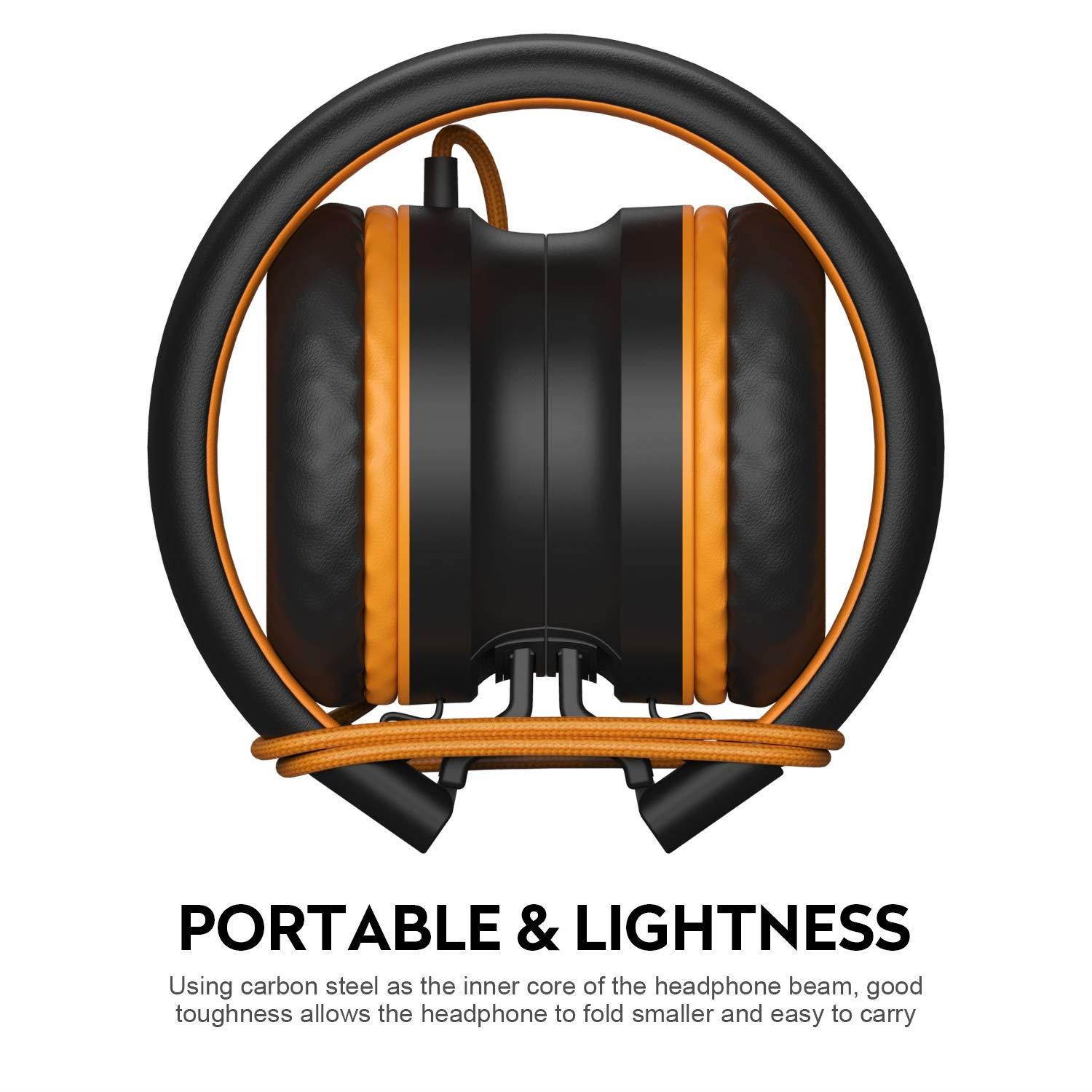 Ailihen I35 Stereo Lightweight Foldable Headphones Adjustable Headband Headsets with Microphone 3.5mm for Cellphones Smartphones iPhone Laptop Computer Mp3/4 Earphones (Black/Orange)