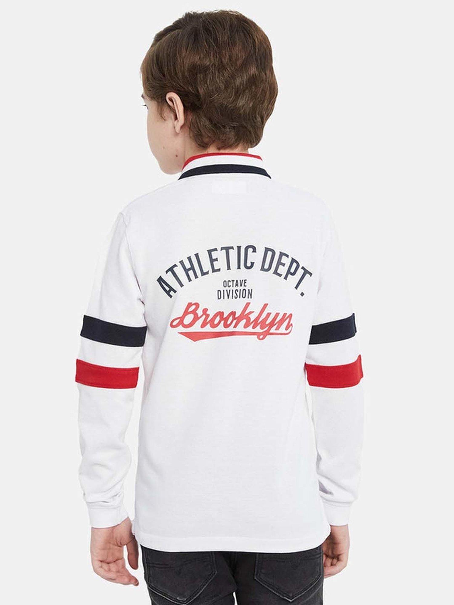 Octave Boys White Cotton Printed Full Sleeves Polo T-Shirt
