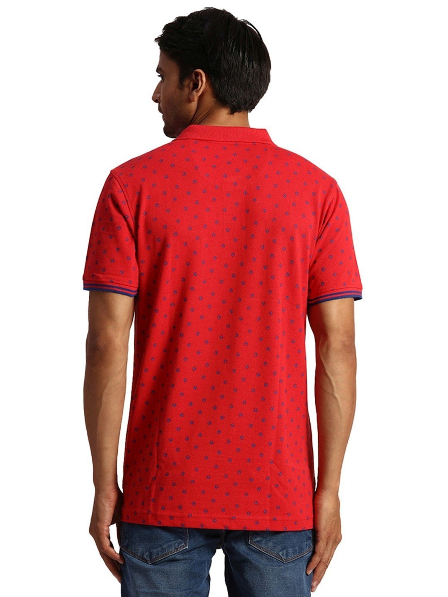 ColorPlus Red Cotton Tailored Fit Printed Polo T-Shirt