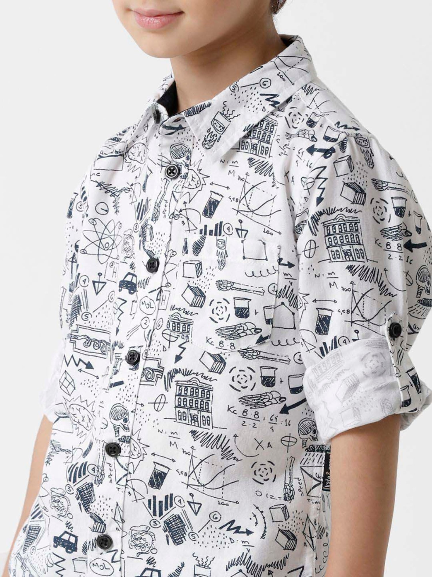 Kate & Oscar Kids White & Black Cotton Printed Full Sleeves Shirt