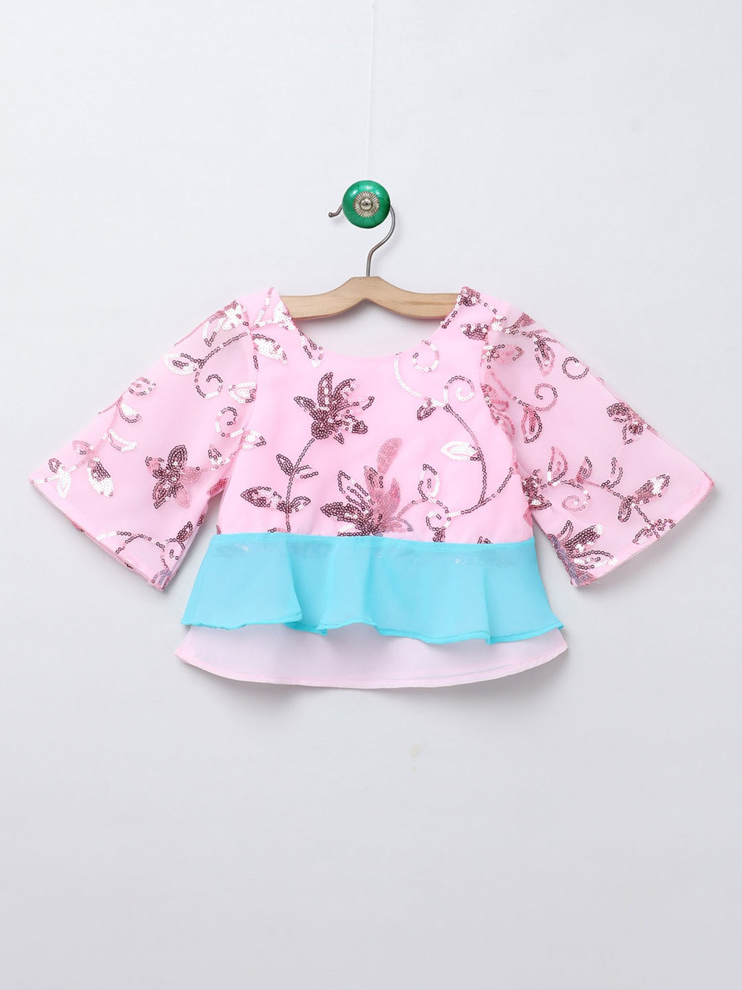 Many Frocks Kids Pink & Blue Embellished Top with Plazzo