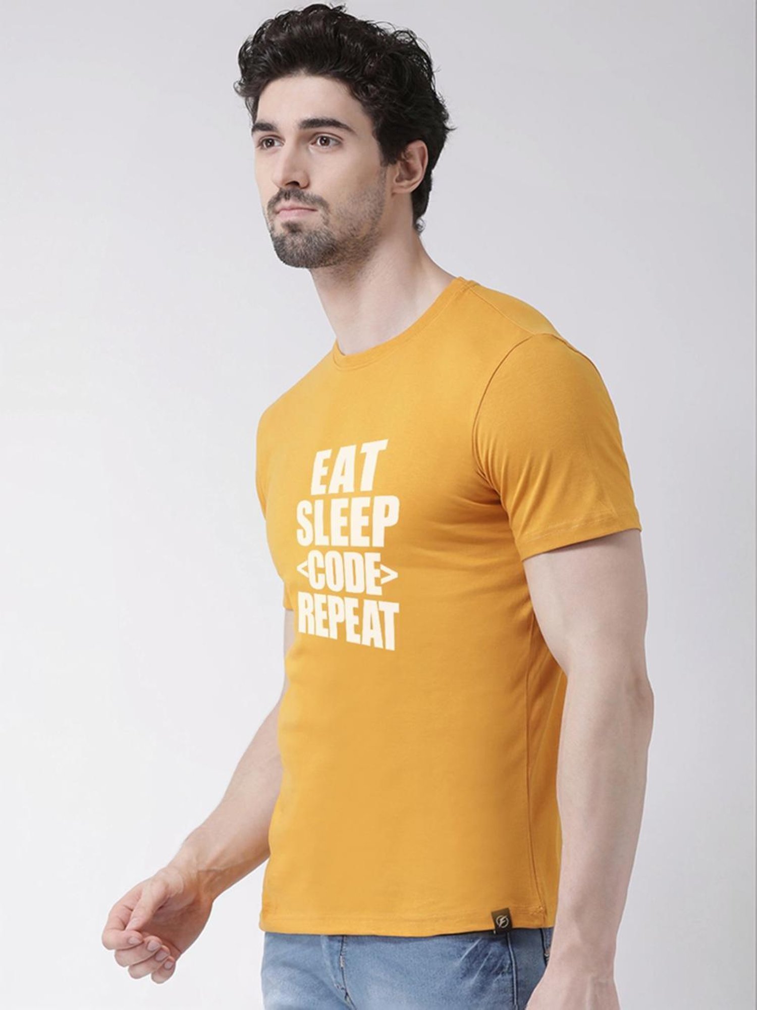 Friskers Mustard Cotton Slim Fit Printed T-Shirt