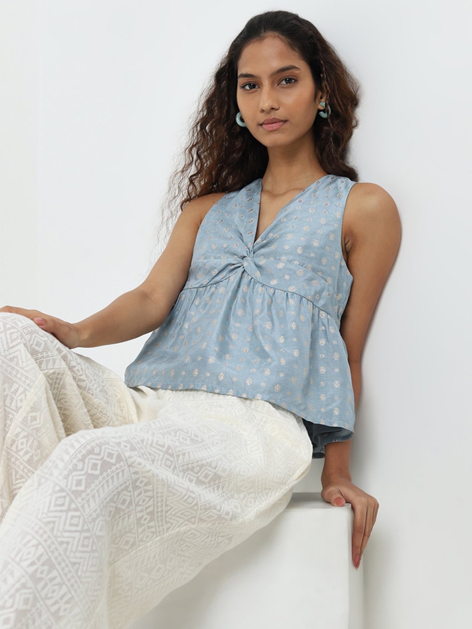Bombay Paisley by Westside Light Blue Embellished Knot-Detailed Top
