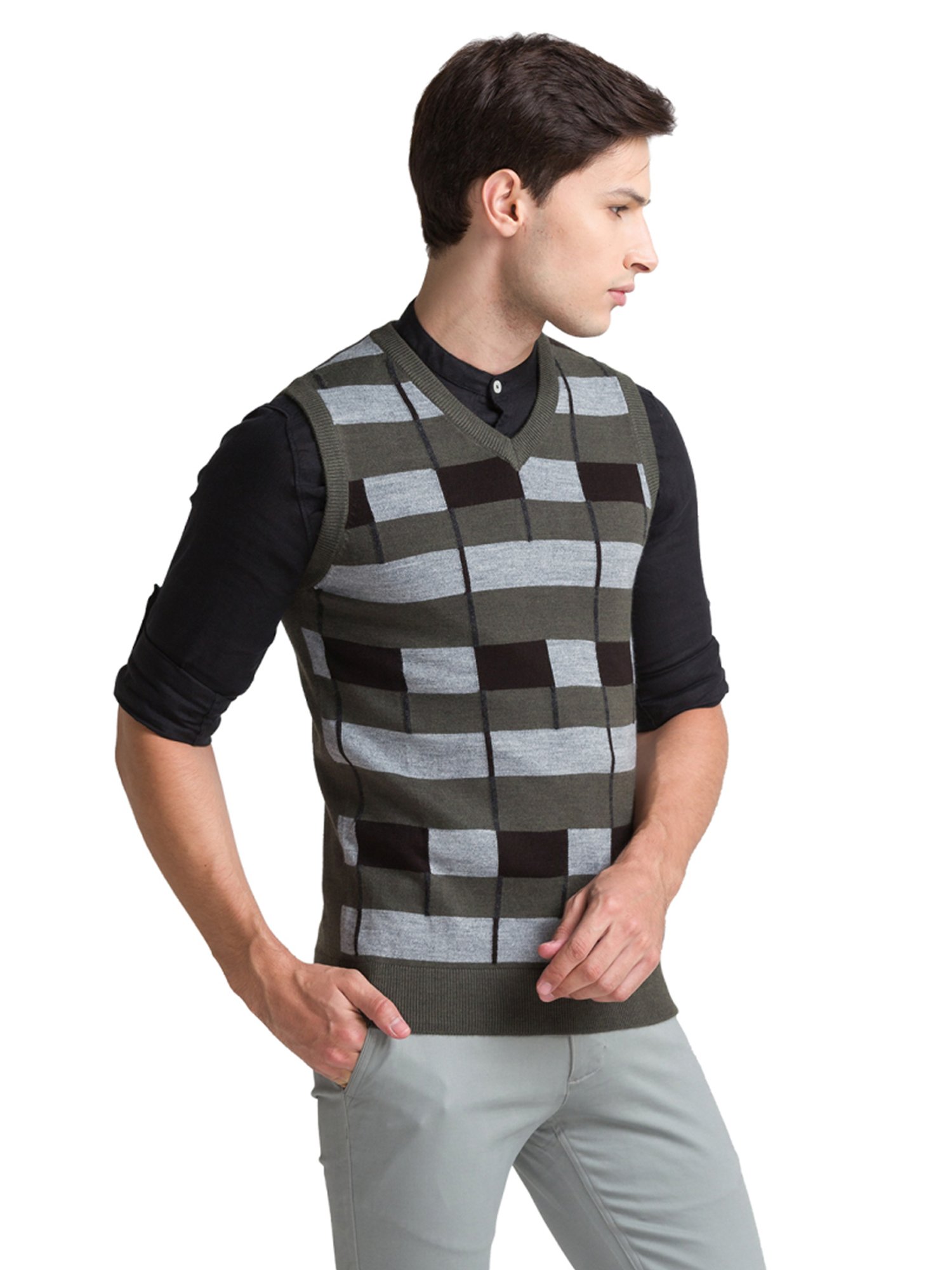 Parx Grey Regular Fit Striped Sweaters