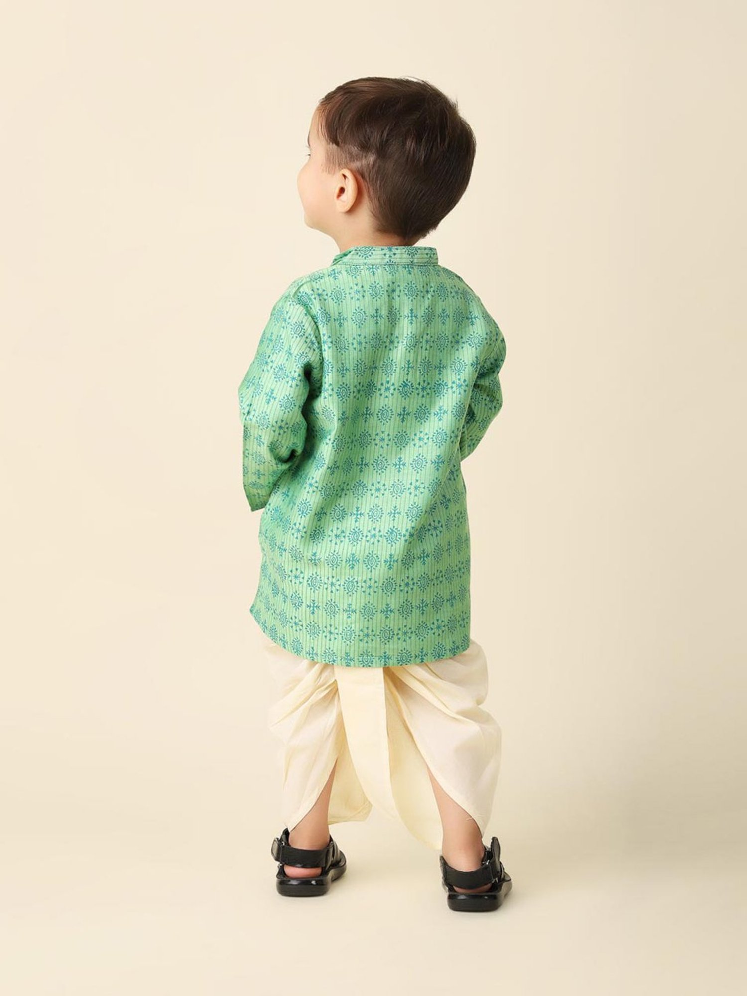 Fabindia Kids Mint Green & Beige Printed Full Sleeves Kurta with Dhoti