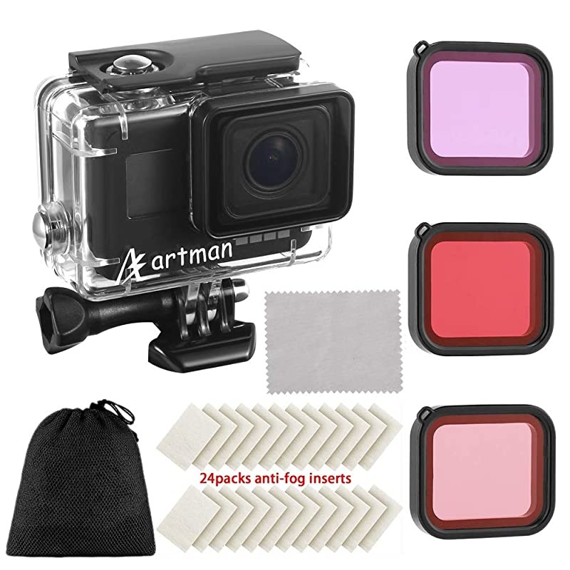 Housing Case Filter Compatible with GoPro Hero 7 Black,Hero 6 Black,Hero 5 Black and Hero 2018 Waterproof Diving Protective Housing Shell+3 Pack Filter+24 Anti-Fog Insert+Bracket Accessories