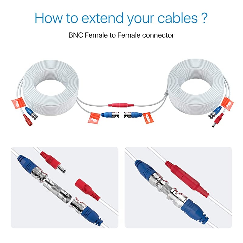 4 Pack 100ft 30 Meters 2in1 Video Power Cable BNC Extension Surveillance Camera Cables for Video Security Systems Included 4X BNC Connectors and 4X RCA Adapters White Color