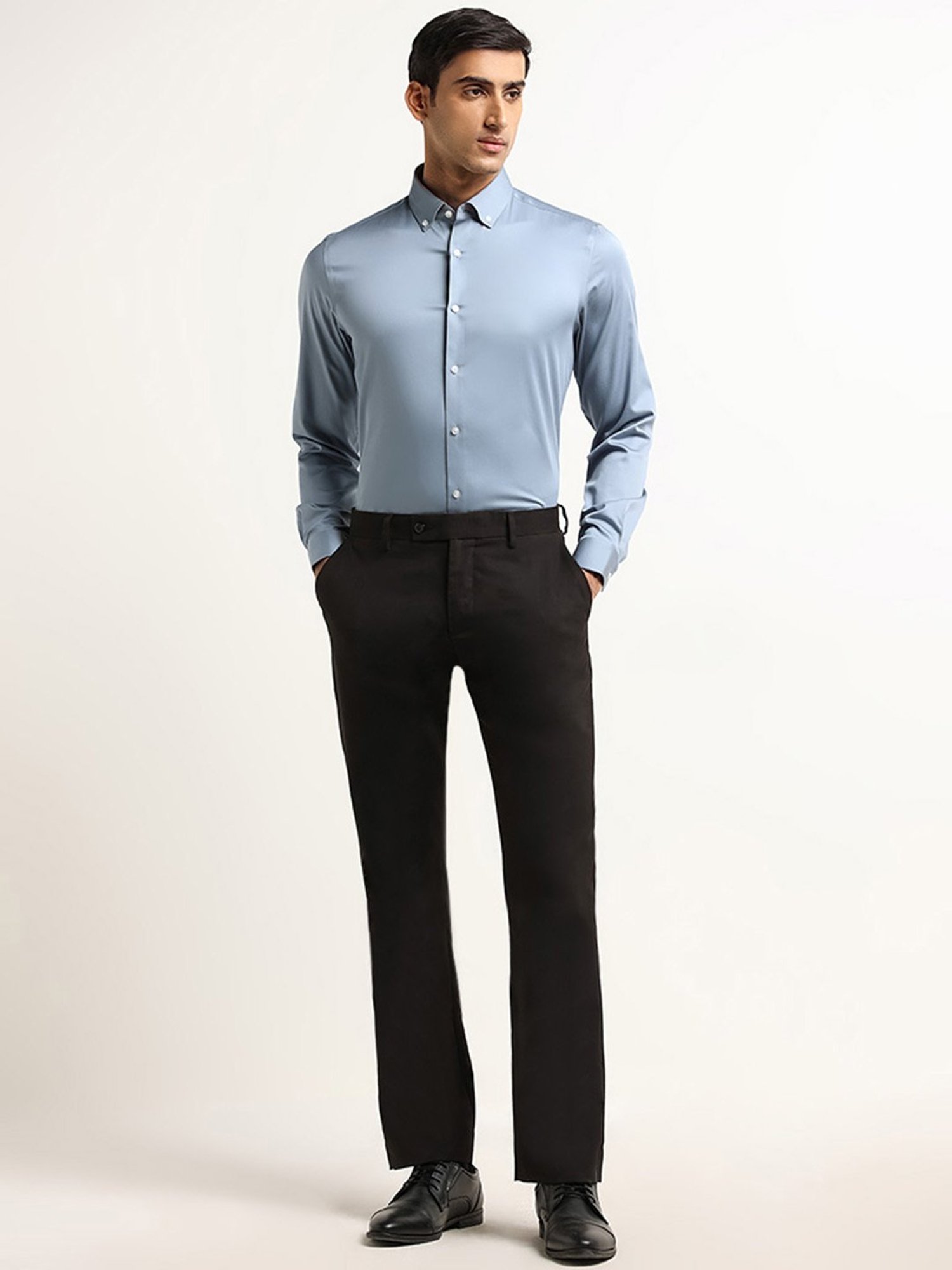 WES Formals by Westside Dusty Blue Solid Slim Fit Shirt