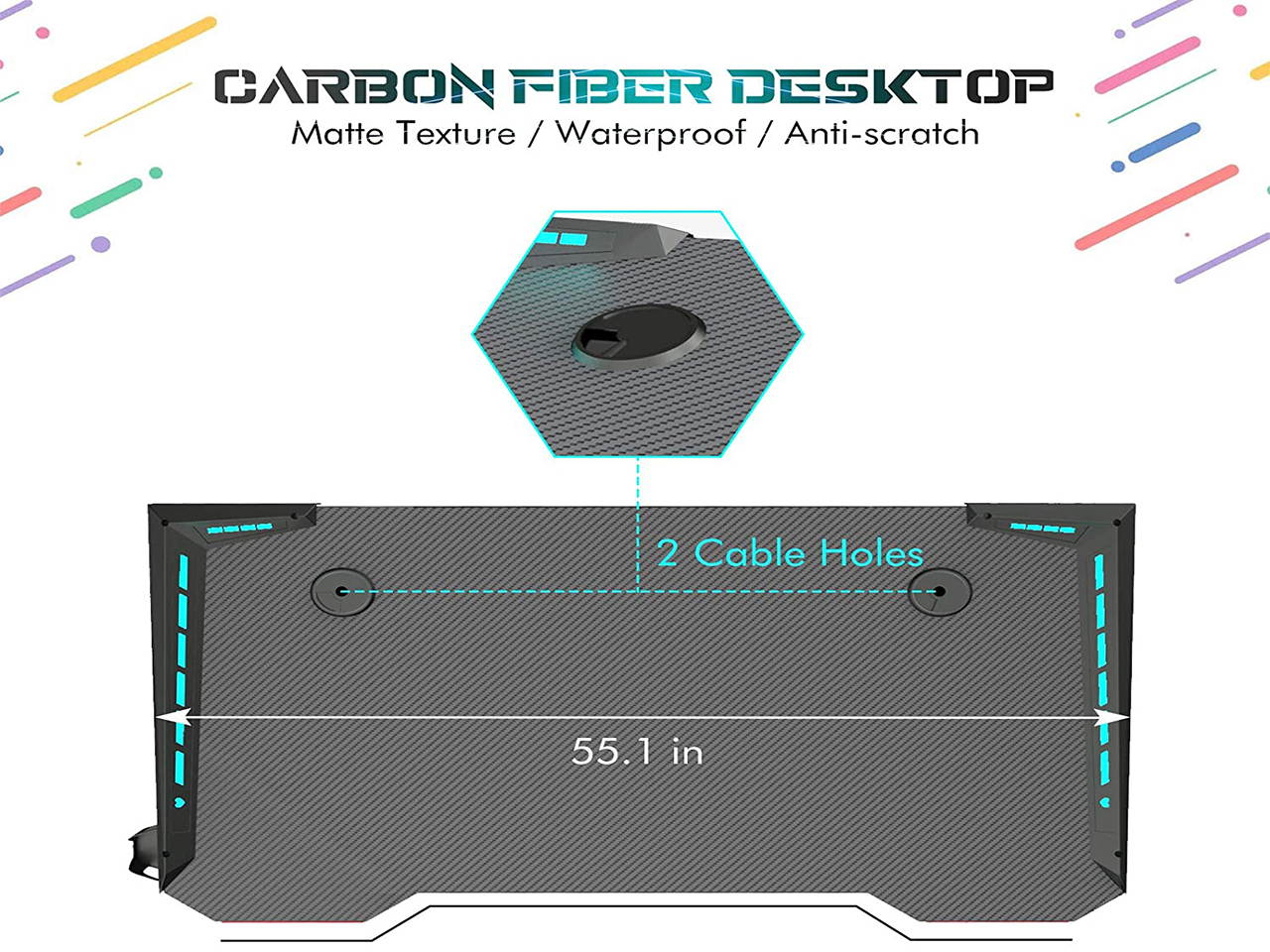 Gaming Desk, 55 Inch Gaming Table, PC Computer Workstation with LED RGB Lights, Headphone Hook and Cup Holder for Home, Black