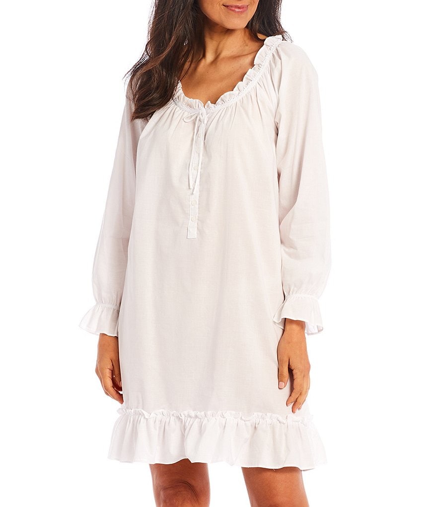 Eileen West Solid Woven Lawn Ruffle Round Neck Long Balloon Cuff Sleeve Self-Tie Drawstring Short Nightgown
