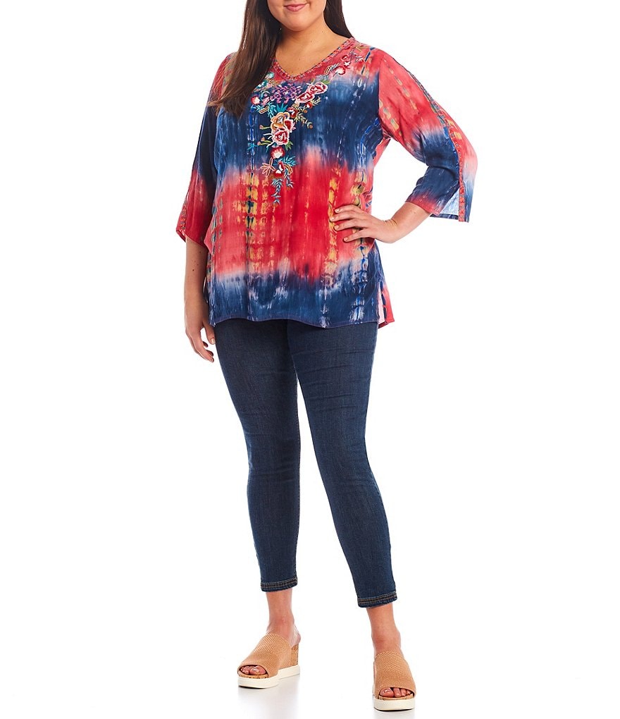 Calessa Plus Size Tie-Dye Floral Embroidered 3/4 Sleeve V-Neck Tunic