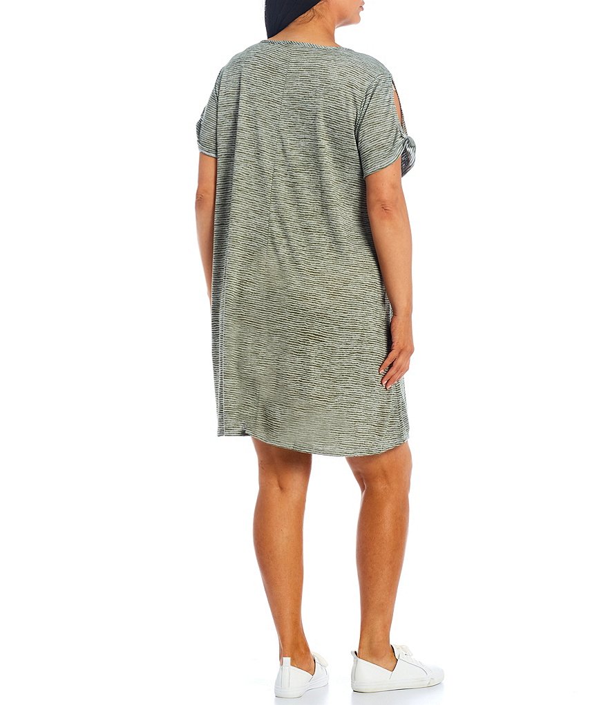 Ruby Rd. Plus Size Silky Knit Terry Space Dyed Stripe Scoop Neck Cold Shoulder Short Sleeve Dress
