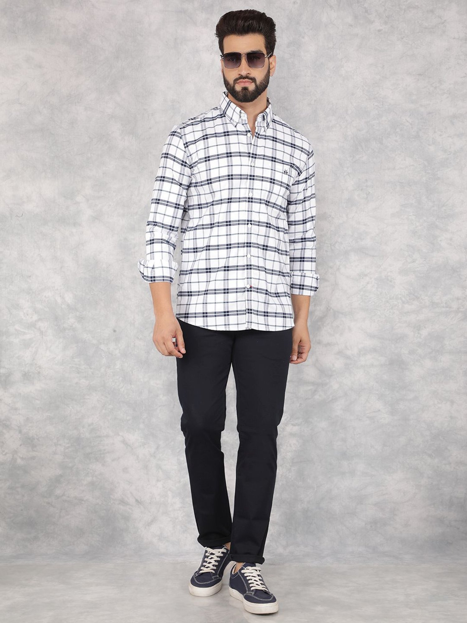 Crimsoune Club Navy Blue Cotton Slim Fit Self Pattern Chinos