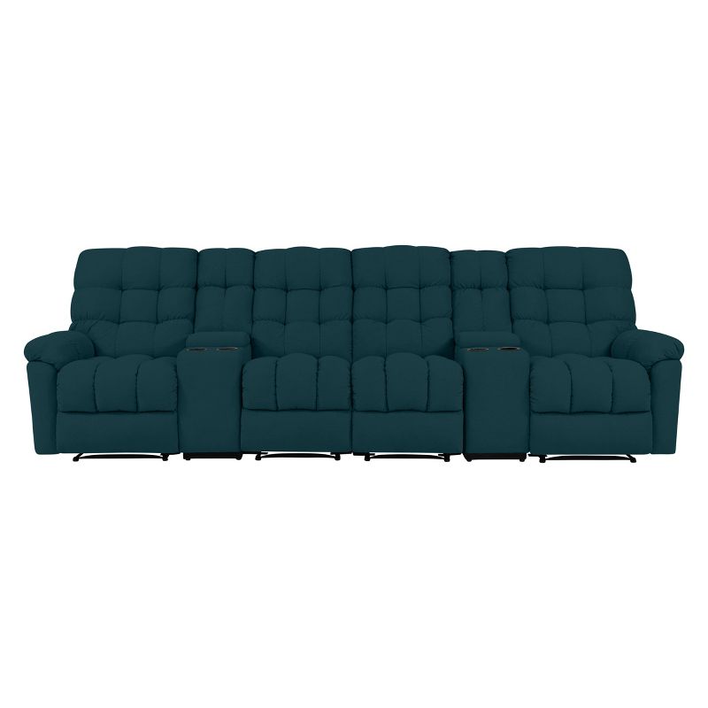 Alma 4 Seat Tufted Wall Hugger Recliner Sofa with Power Storage Console Plush Low Pile Velour Peacock Blue - ProLounger