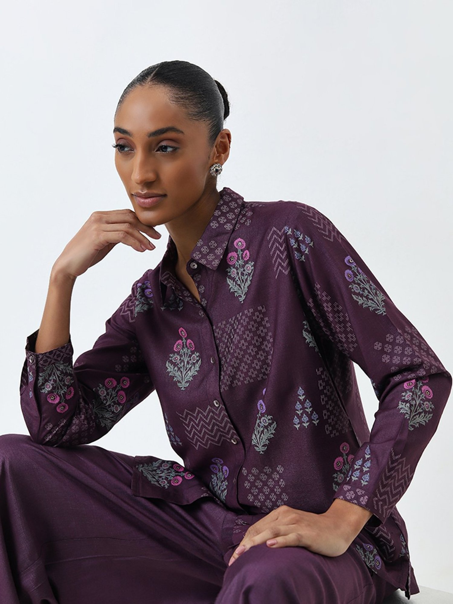 Zuba by Westside Dusty Purple Floral Motif Straight Tunic