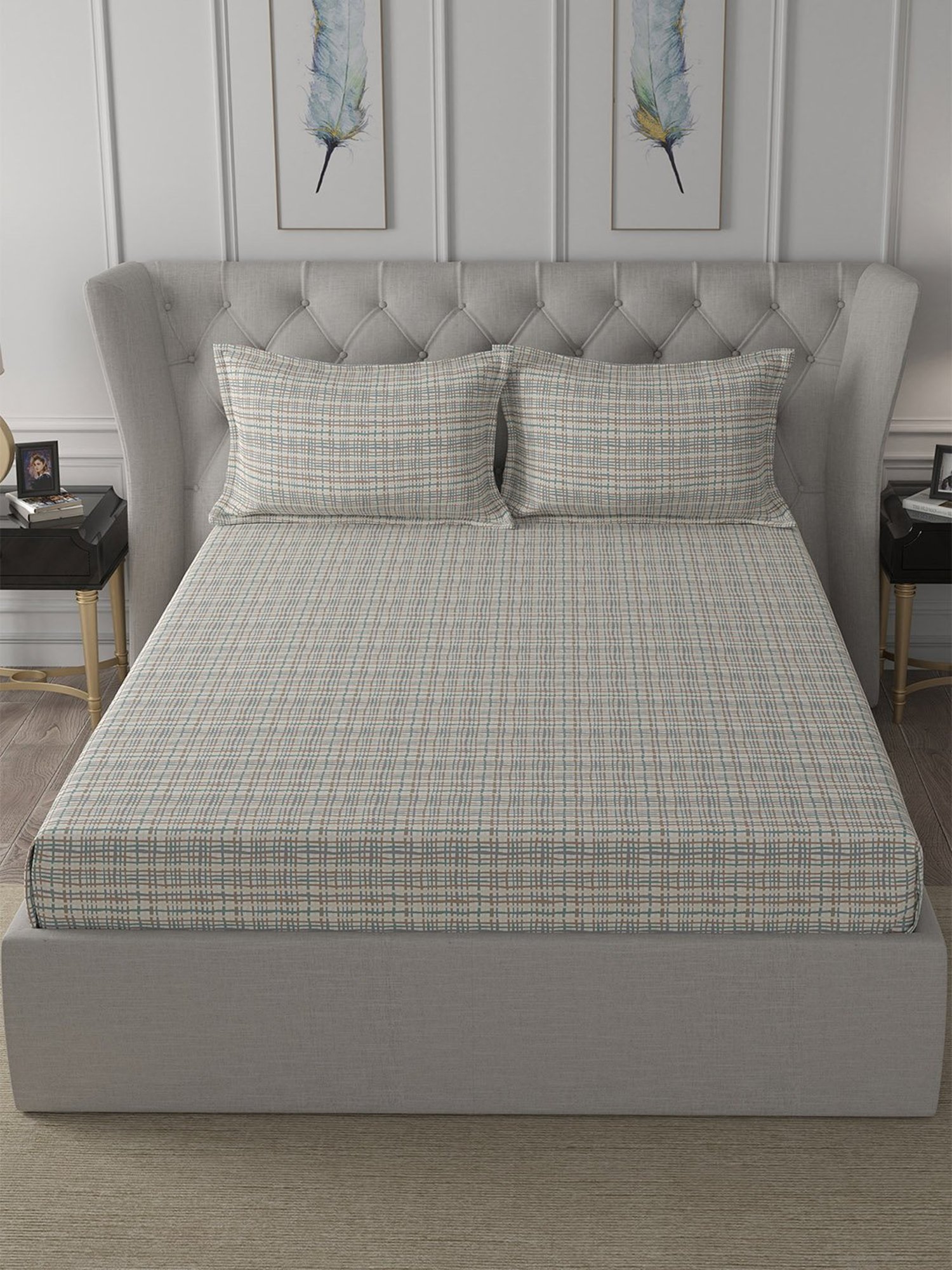 In-House by Maspar Neutral 200 TC Cotton Printed Bed Sheet with 2 Pillow Cover