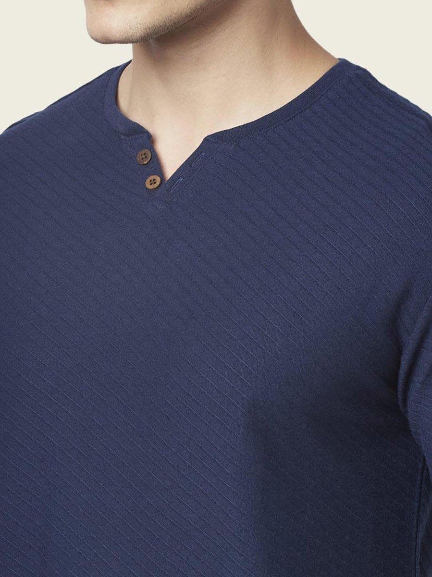 7 Alt by Pantaloons Dark Navy Relaxed Fit Self Pattern T-Shirt