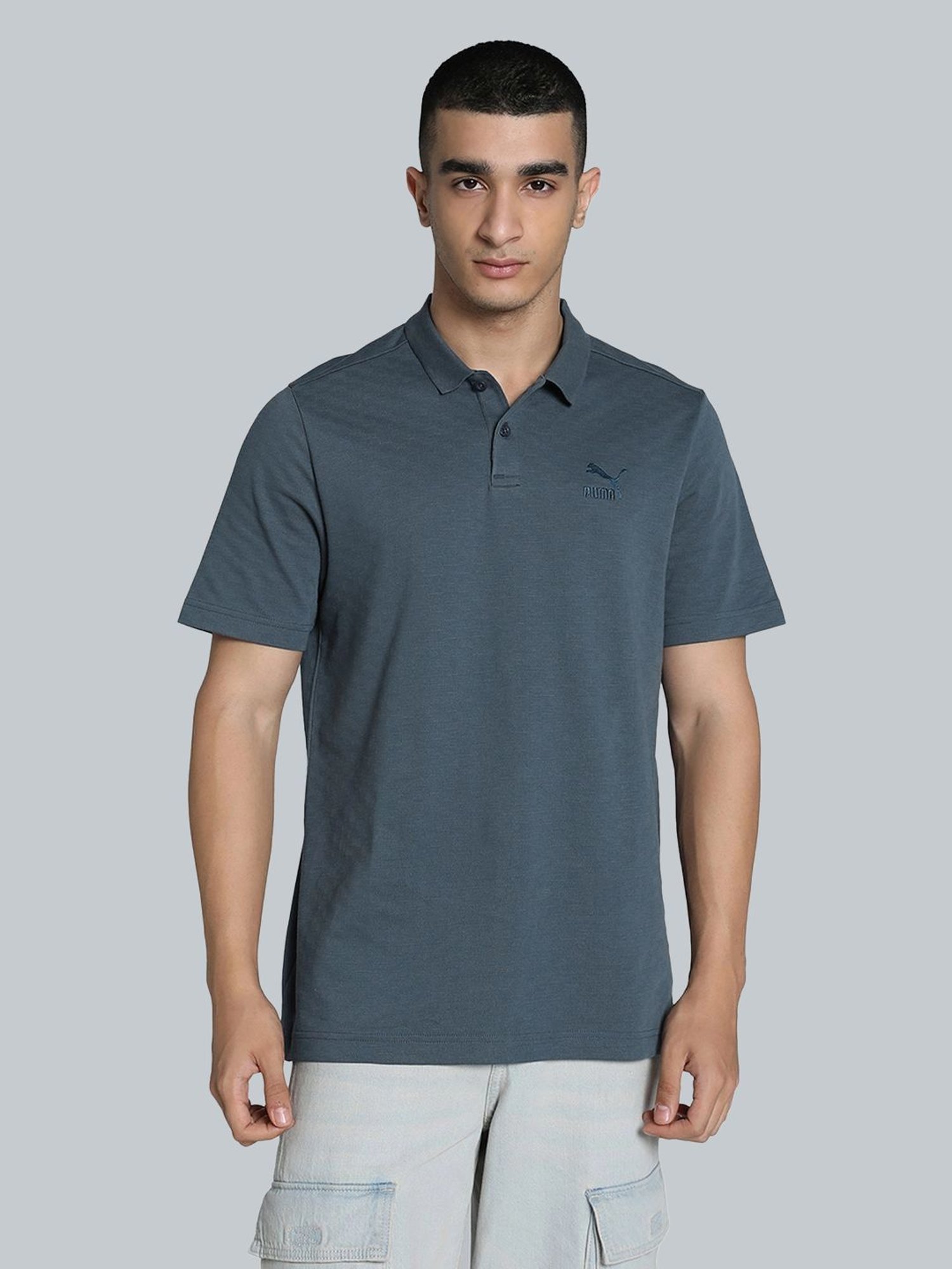 Puma Grey Cotton Regular Fit Texture Polo T-Shirt