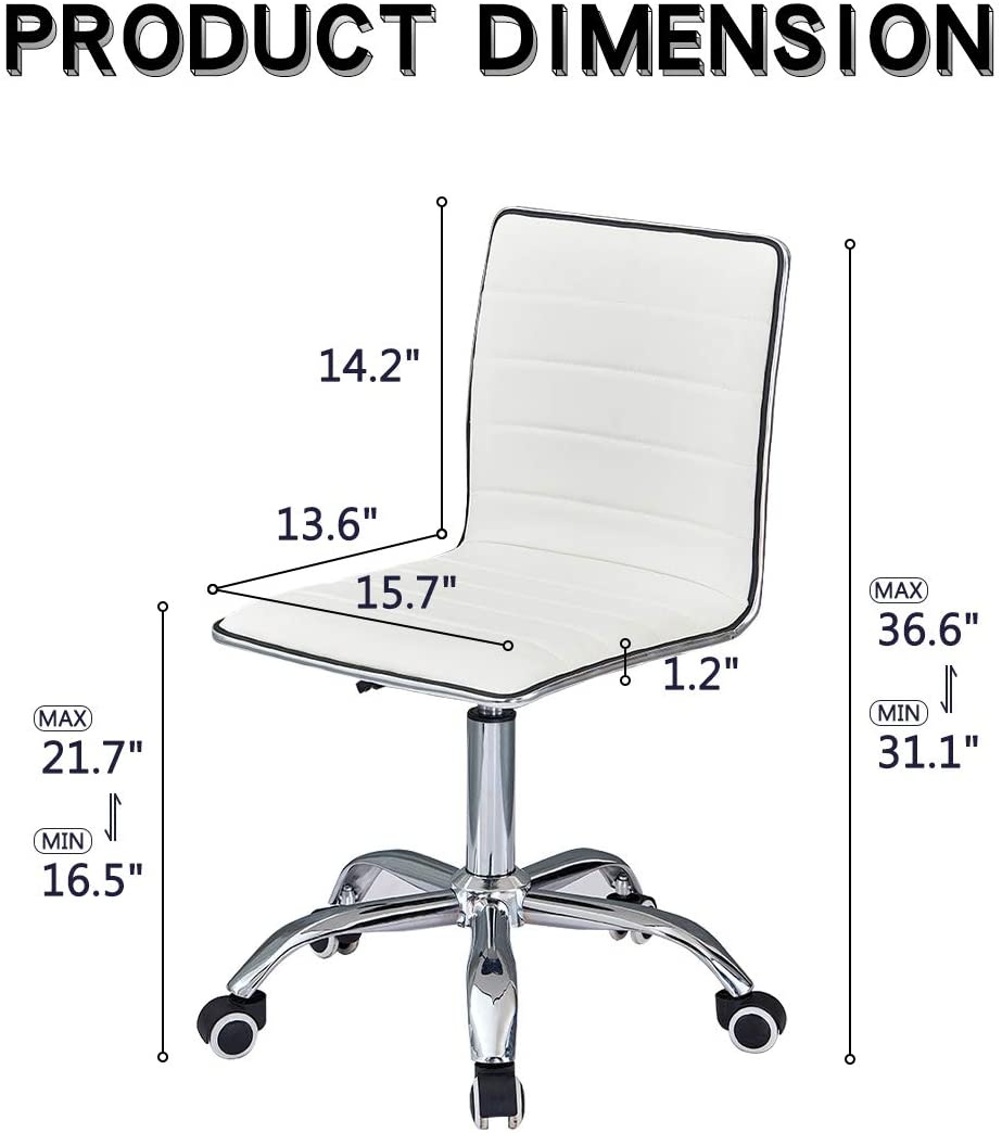 Ribbed Swivel Desk Chair Adjustable Task Chair PU Leather Mid Back Rolling Office Chair with Wheels Padded Task Conference Chair with Backrest for Office Home Computer Without Arms, White