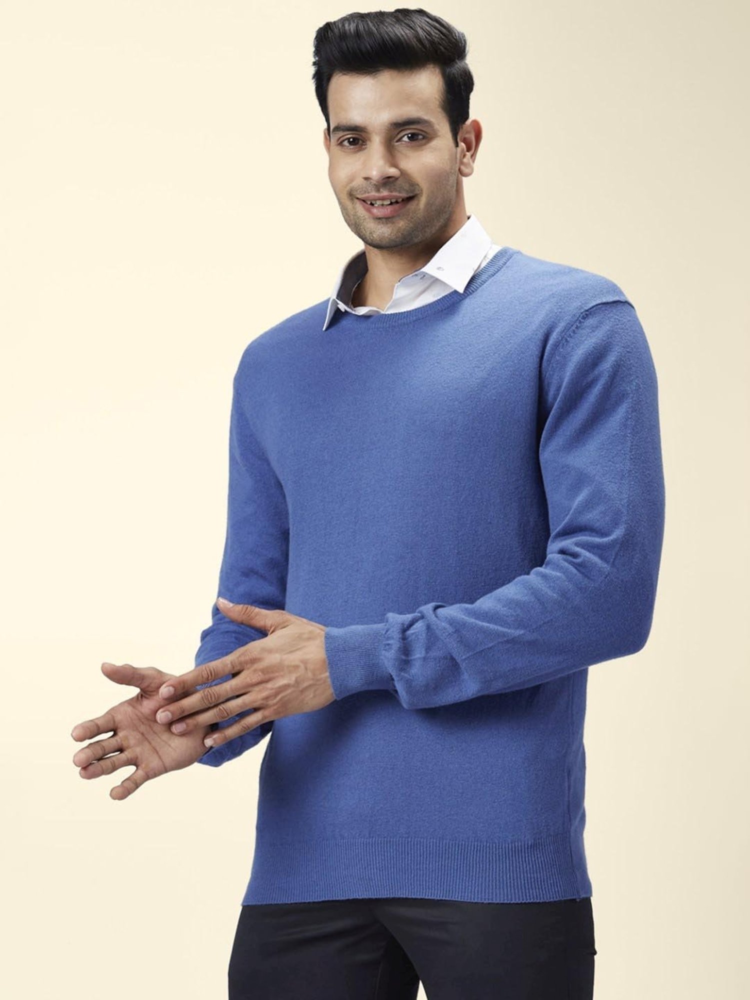 Byford By Pantaloons Medium Blue Cotton Regular Fit Sweaters