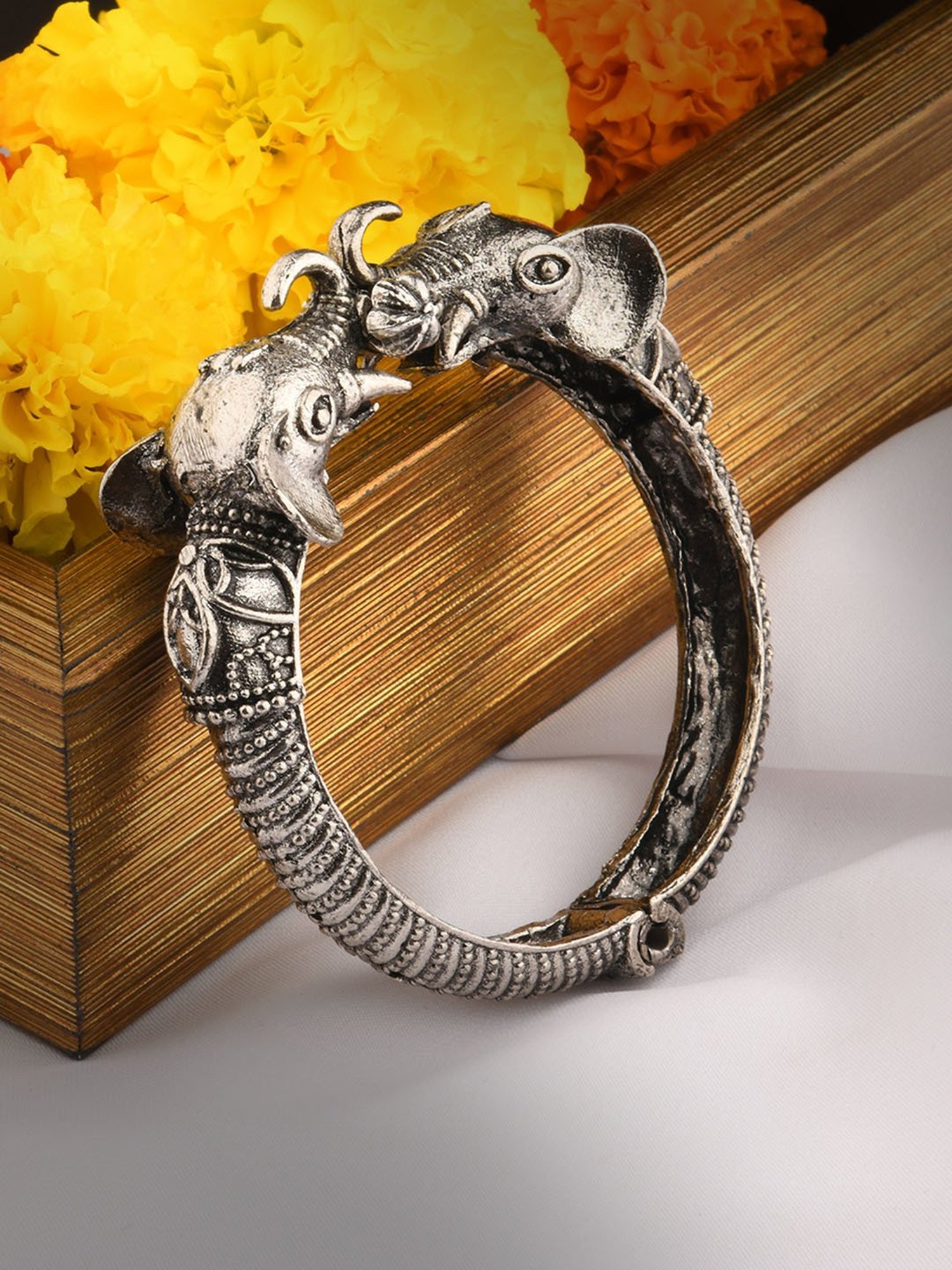 Fida Ethnic Oxidised Silver Elephant Motif Temple Bracelet for Women