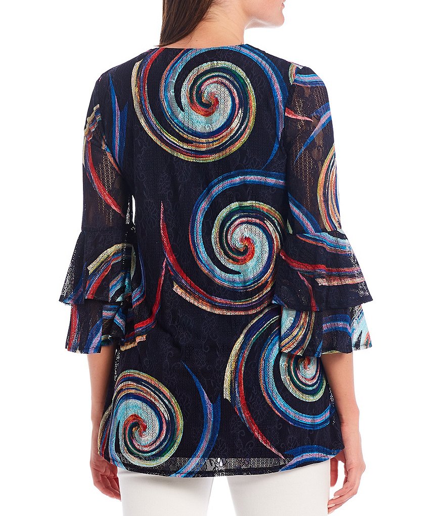 Calessa Mesh Ruffle Cuff Sleeve Swirl Print Jewel Neck Tunic